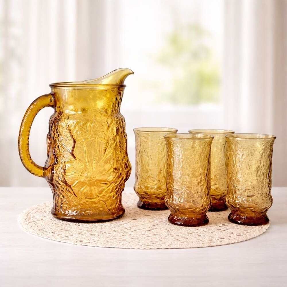 Anchor Hocking Amber Glassware Set Pitcher Glasses VTG 5 Piece Rainflower Drinkw